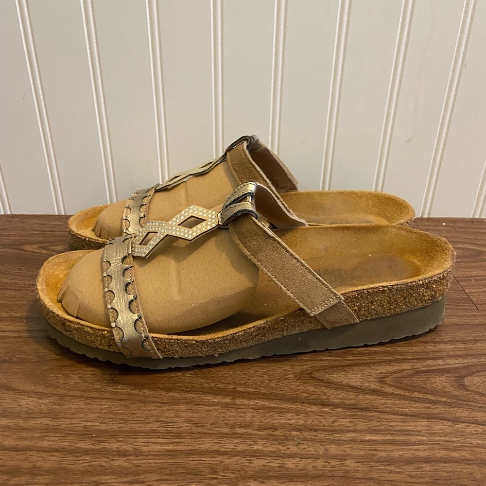 Naot Tan and Gold Leather Slide Sandals